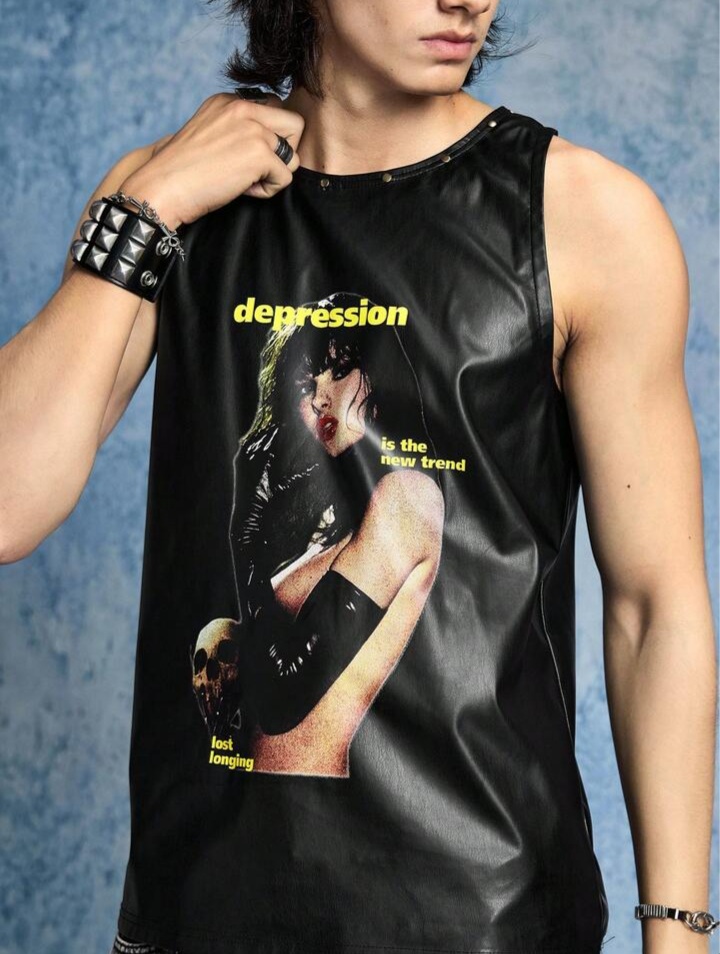 Men's Street Fashion PU Rivet Portrait Tank Top